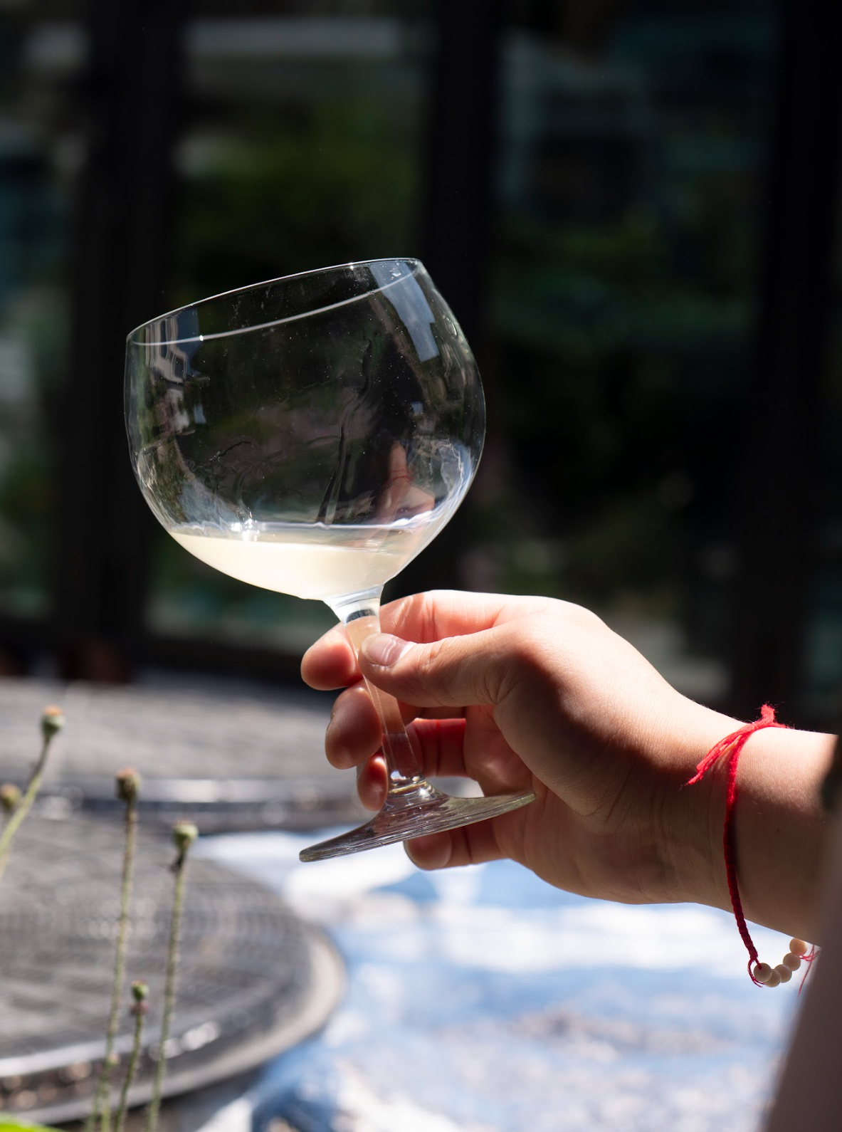 Hand holding glass of traditional makgeolli outdoors in natural setting
