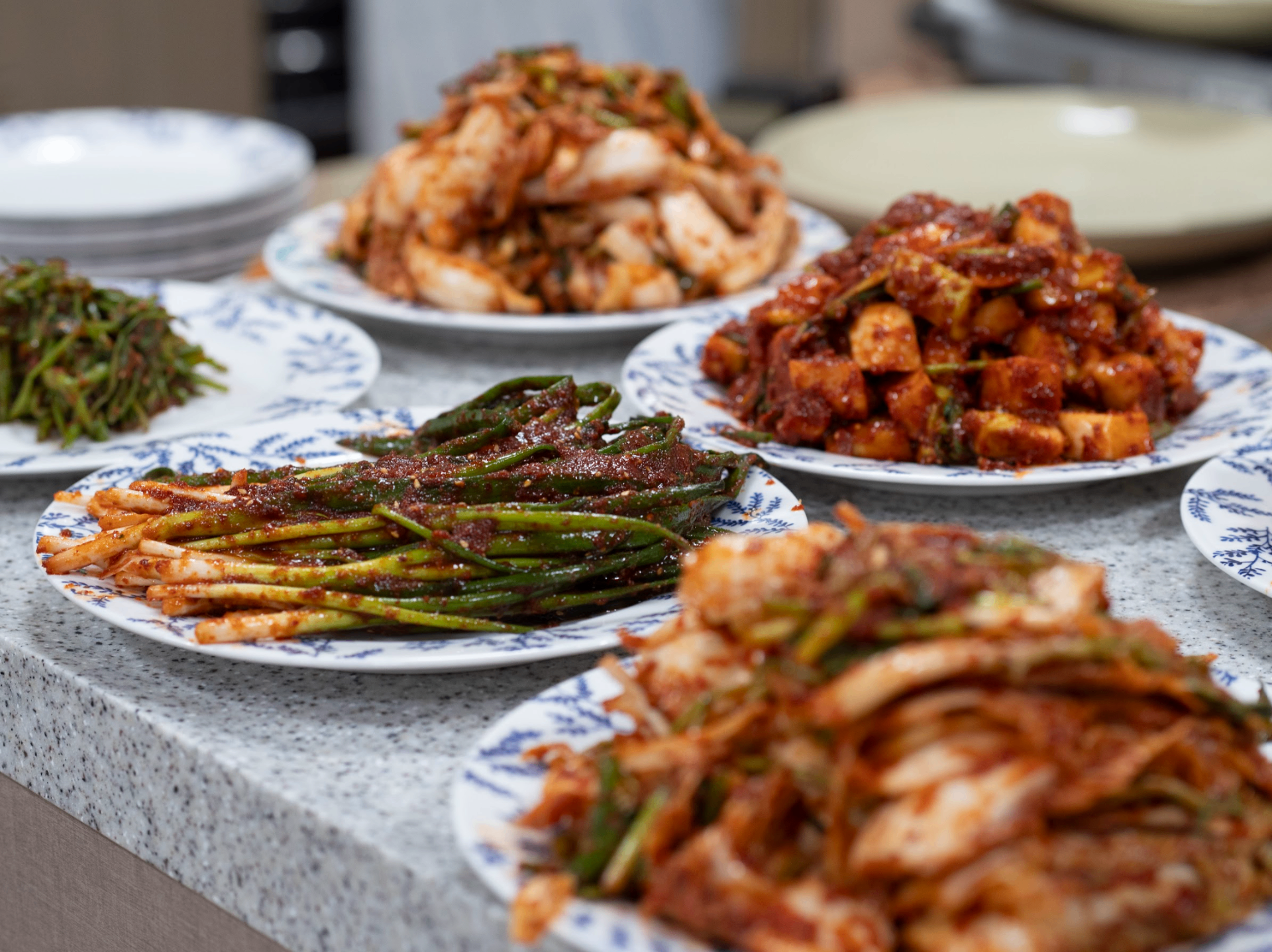 Traditional Korean kimchi varieties beautifully arranged